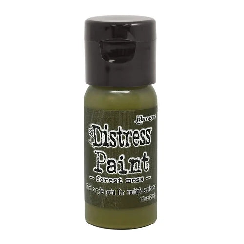 Bottle of Ranger Distress Paint in Forest Moss color on a white background