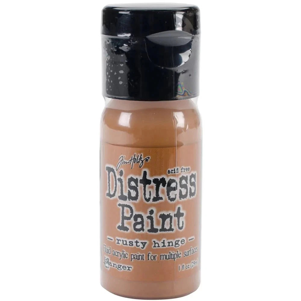 Bottle of Tim Holtz Distress Paint in rusty hinges color on a white background
