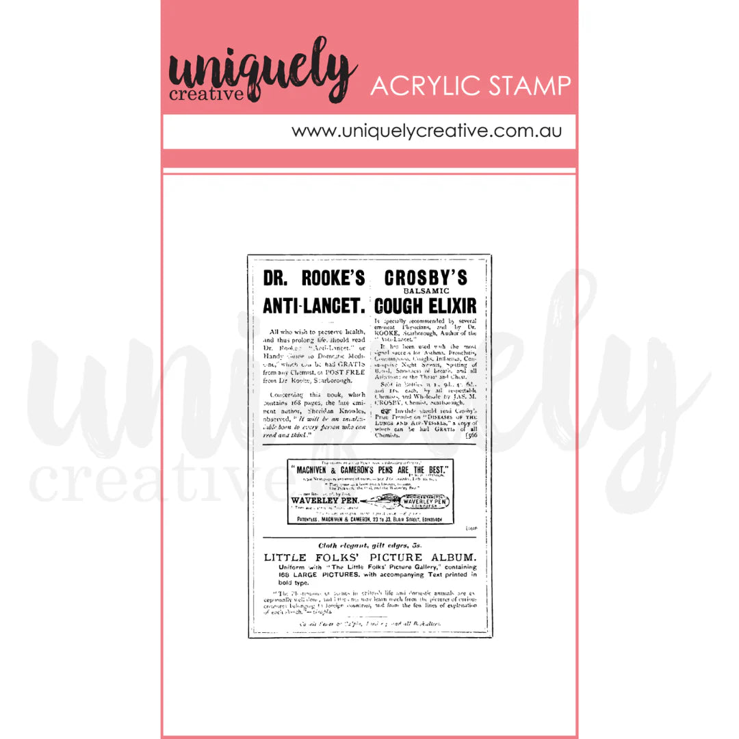 Uniquely Creative - Acrylic Mini Mark Making Stamp - Vintage Newspaper