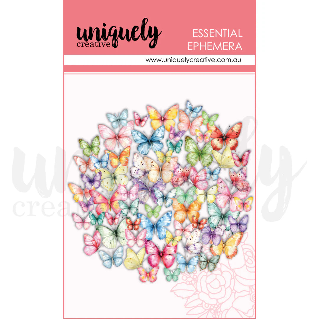 Packaging of colorful butterfly design with 'uniquely creative' branding on a pink background.