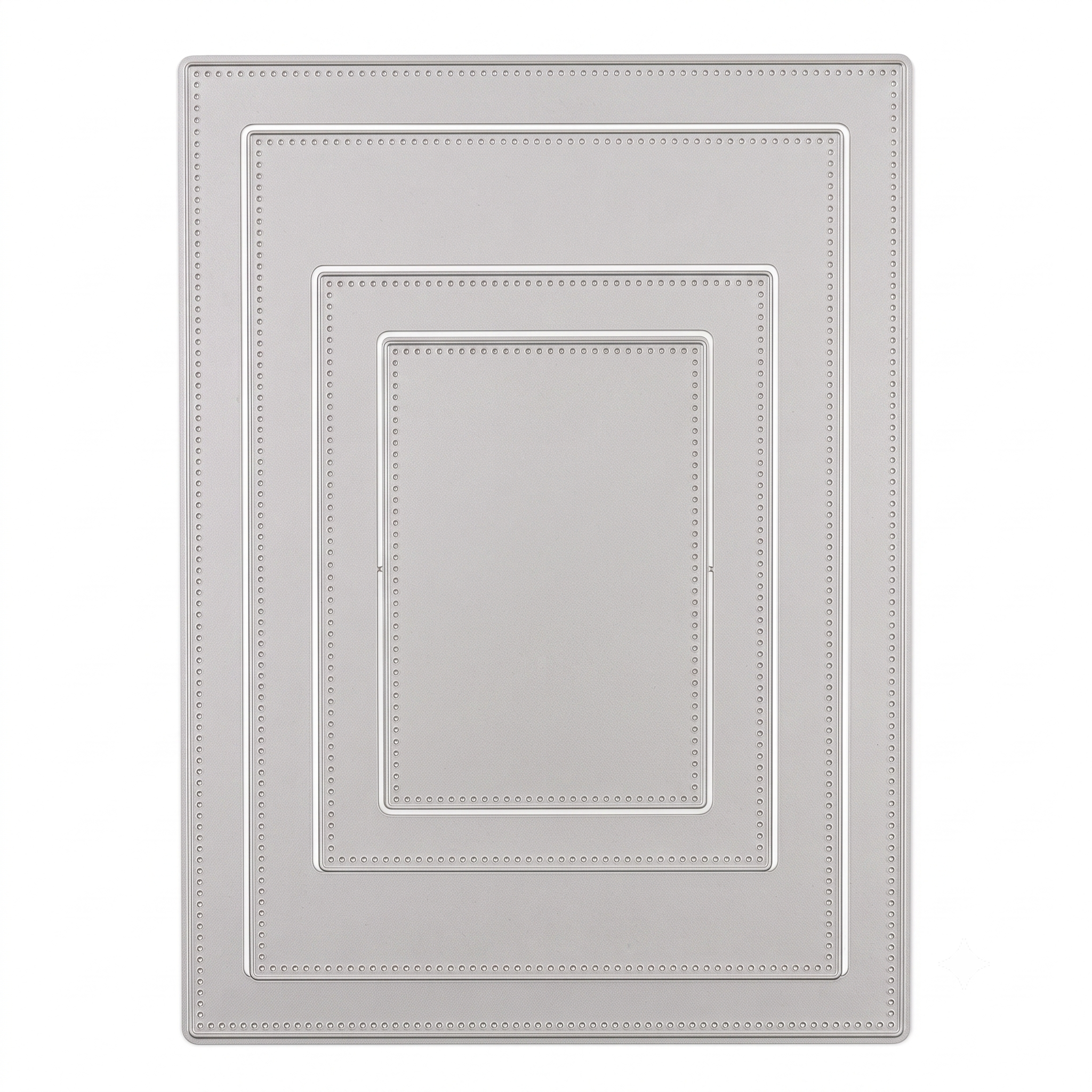 A rectangular metal embosser or stamping die set with concentric square borders and decorative beaded edge details, shown on a plain white background.