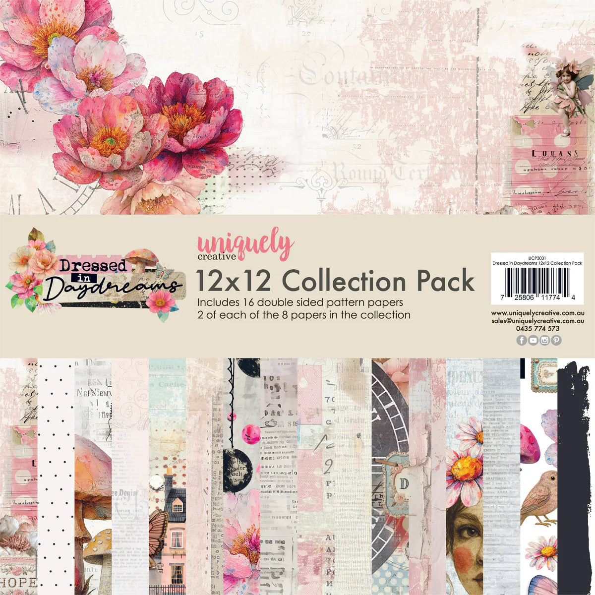 Collection pack with floral and vintage-themed paper designs on a white background.