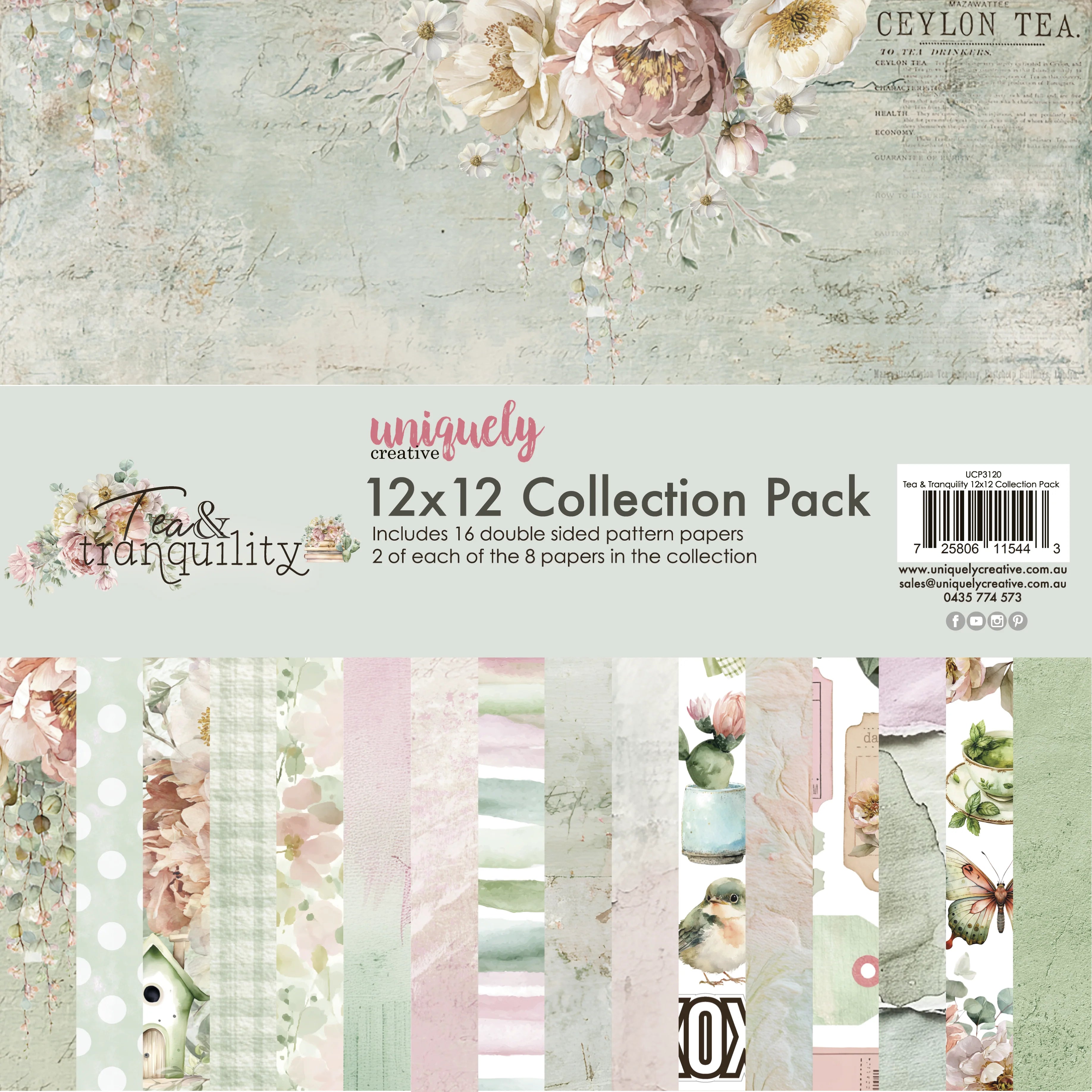 Collection pack of 12x12 patterned papers with floral designs on a branded packaging.