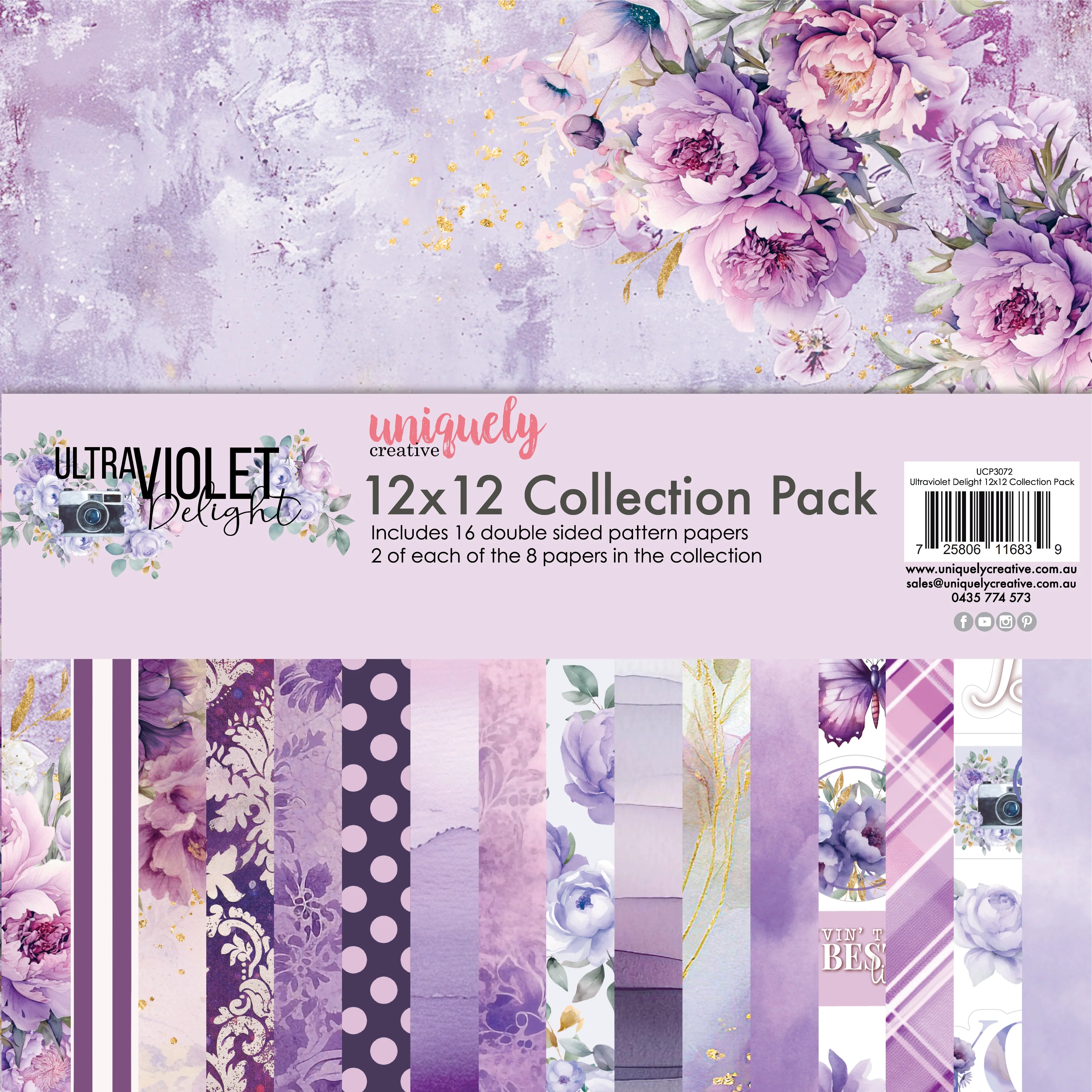 Collection pack of 12x12 patterned papers with floral designs on a purple background.