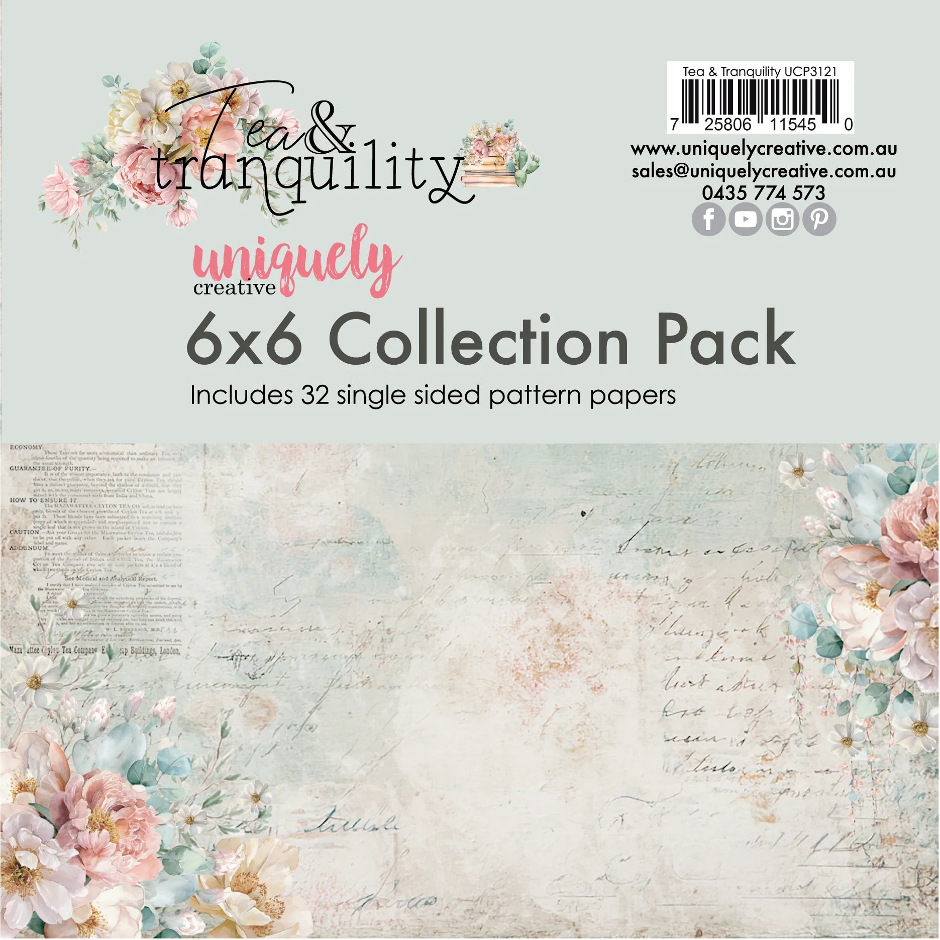 6x6 Collection Pack by Uniquely Creative with floral and vintage design elements on a light blue background.