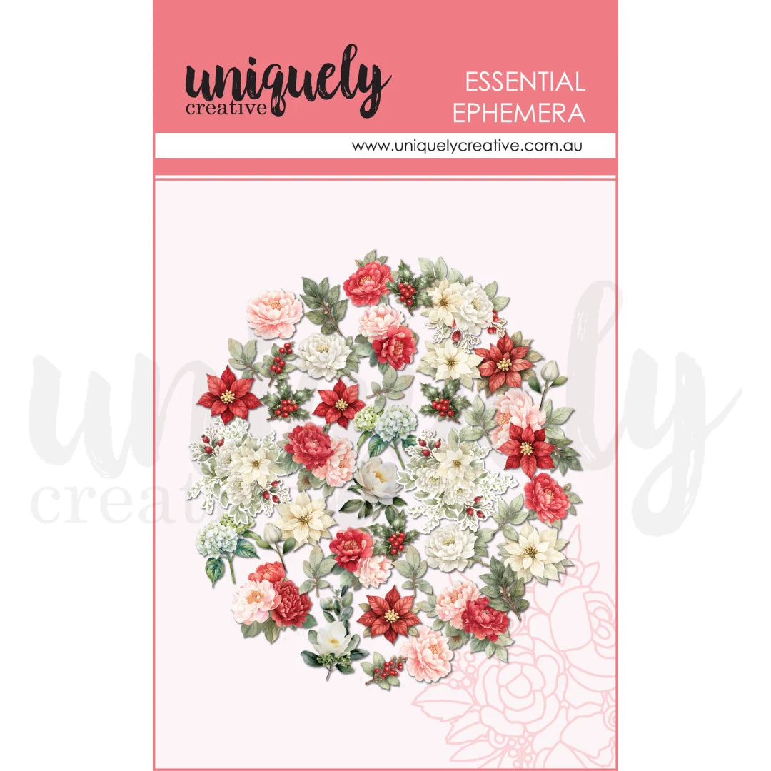 A floral ephemera sheet from Uniquely Creative, featuring a circular arrangement of red, pink, and white flowers with green leaves on a pale pink background, under a pink header card.