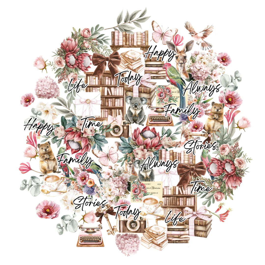 Decorative collage with floral elements, books, and animals on a white background.