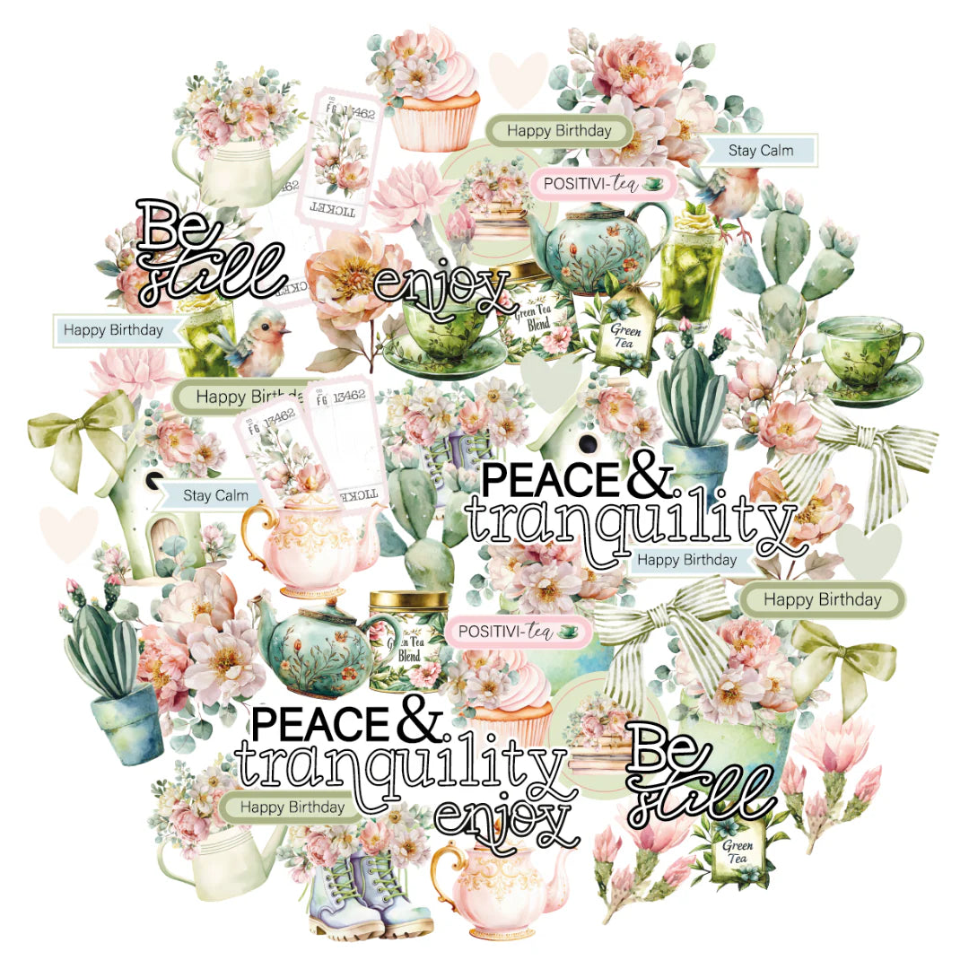 peace and tranquility cardstock quotes with teapot on white background

