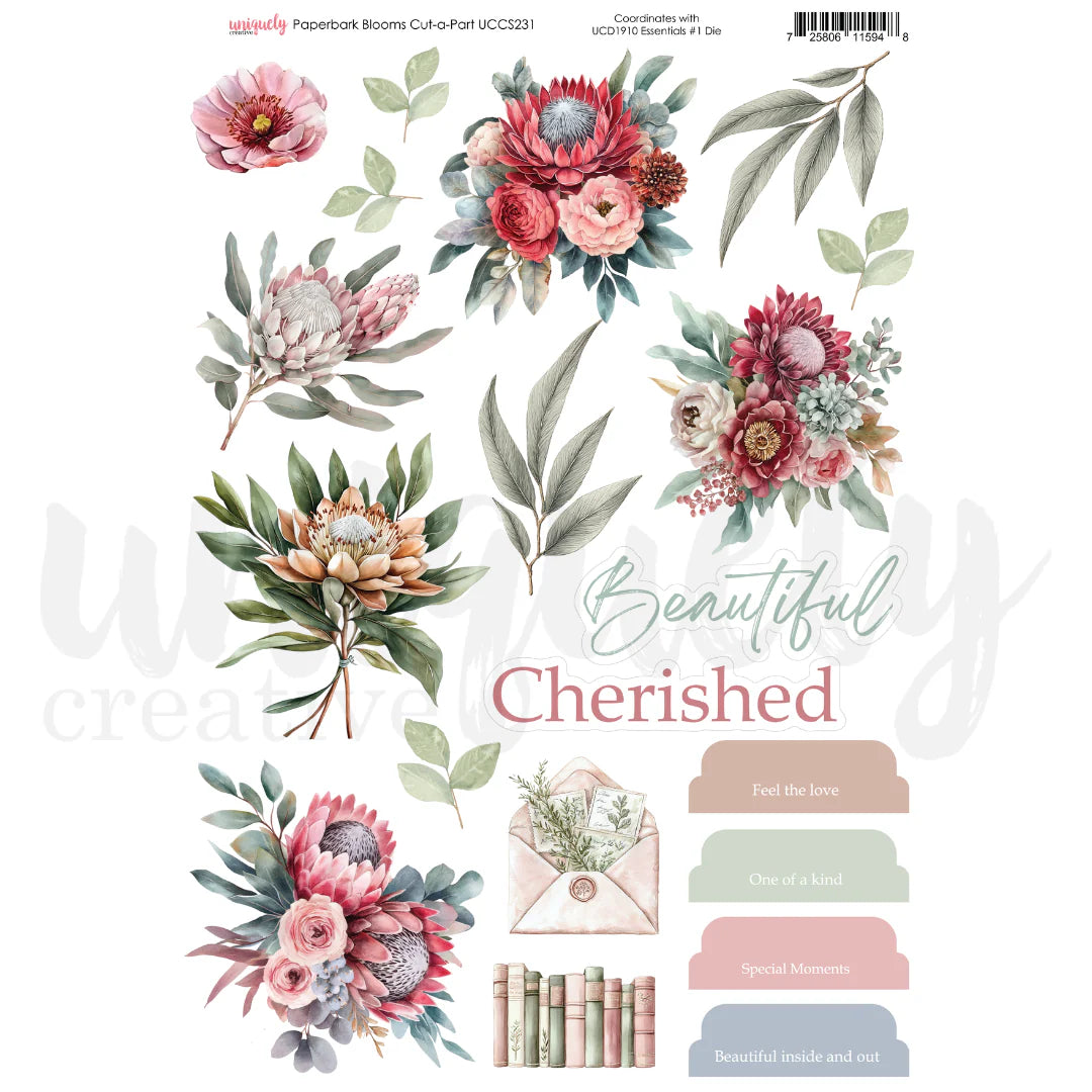 Floral design with 'Beautiful Cherished' text on a white background