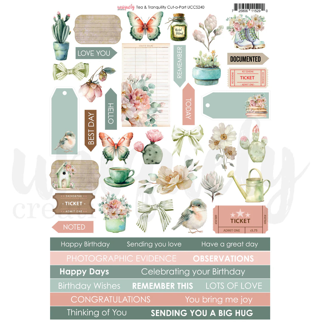 Collection of decorative stickers with flowers, butterflies, and text on a white background