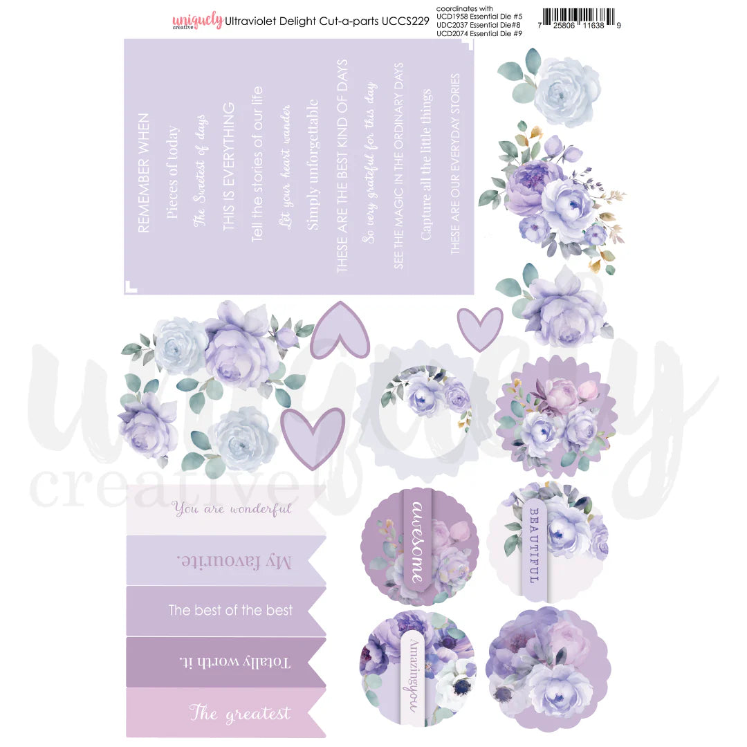 Set of purple floral and heart-shaped cut-out paper pieces with text on a white background.