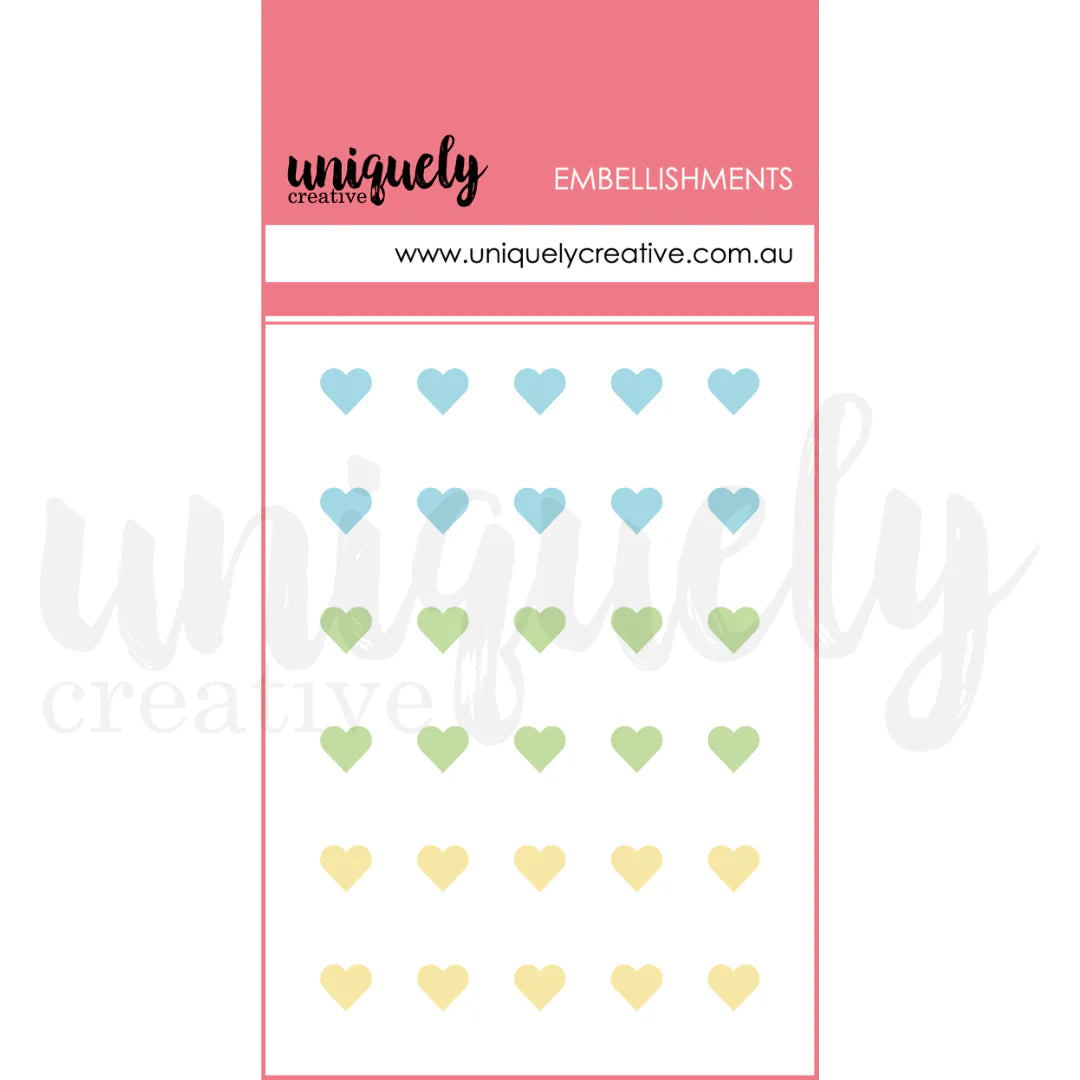 Sheet of colorful heart-shaped stickers with 'uniquely creative' branding on a pink border.