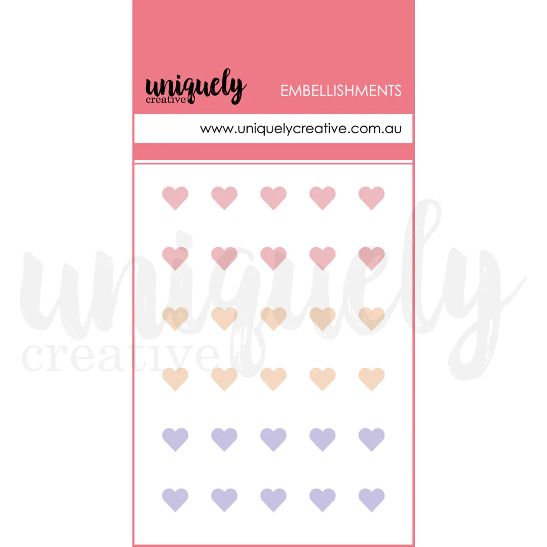 Packaging of heart-shaped stickers with 'uniquely creative' branding on a white background.