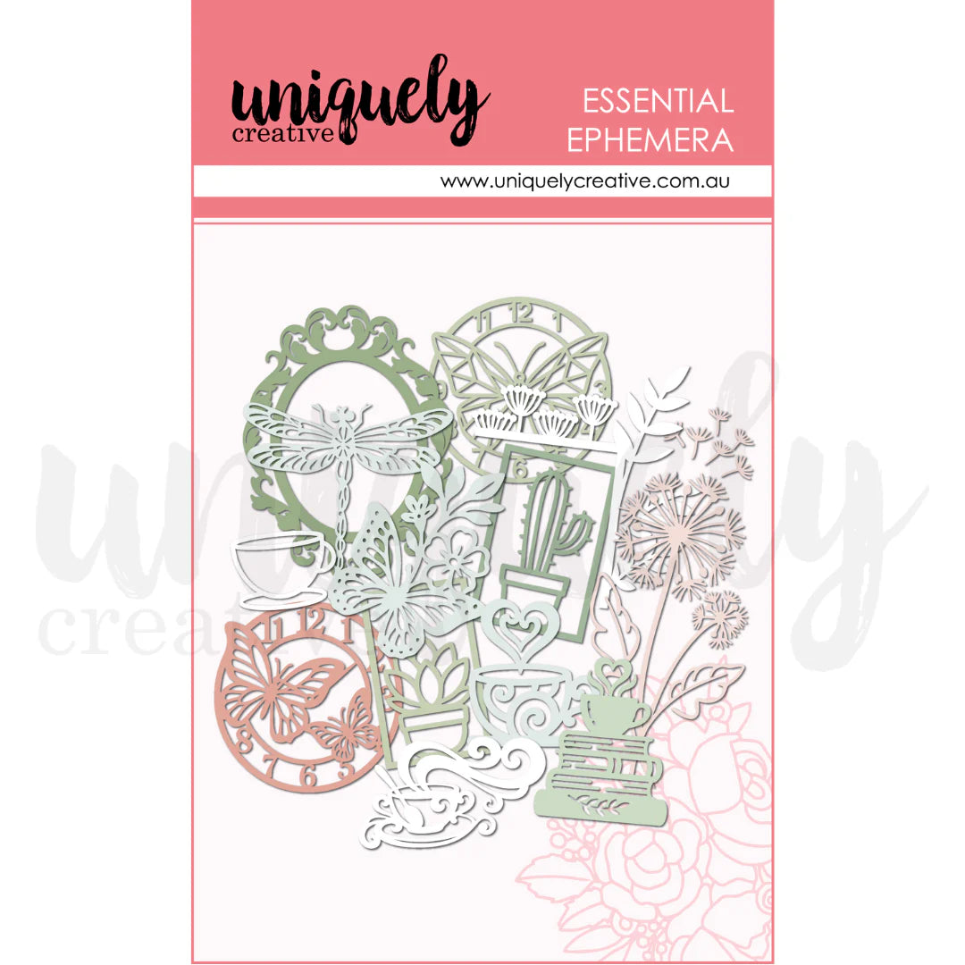 Packaging of 'Essential Ephemera' by Uniquely Creative with decorative cutouts on a white background.