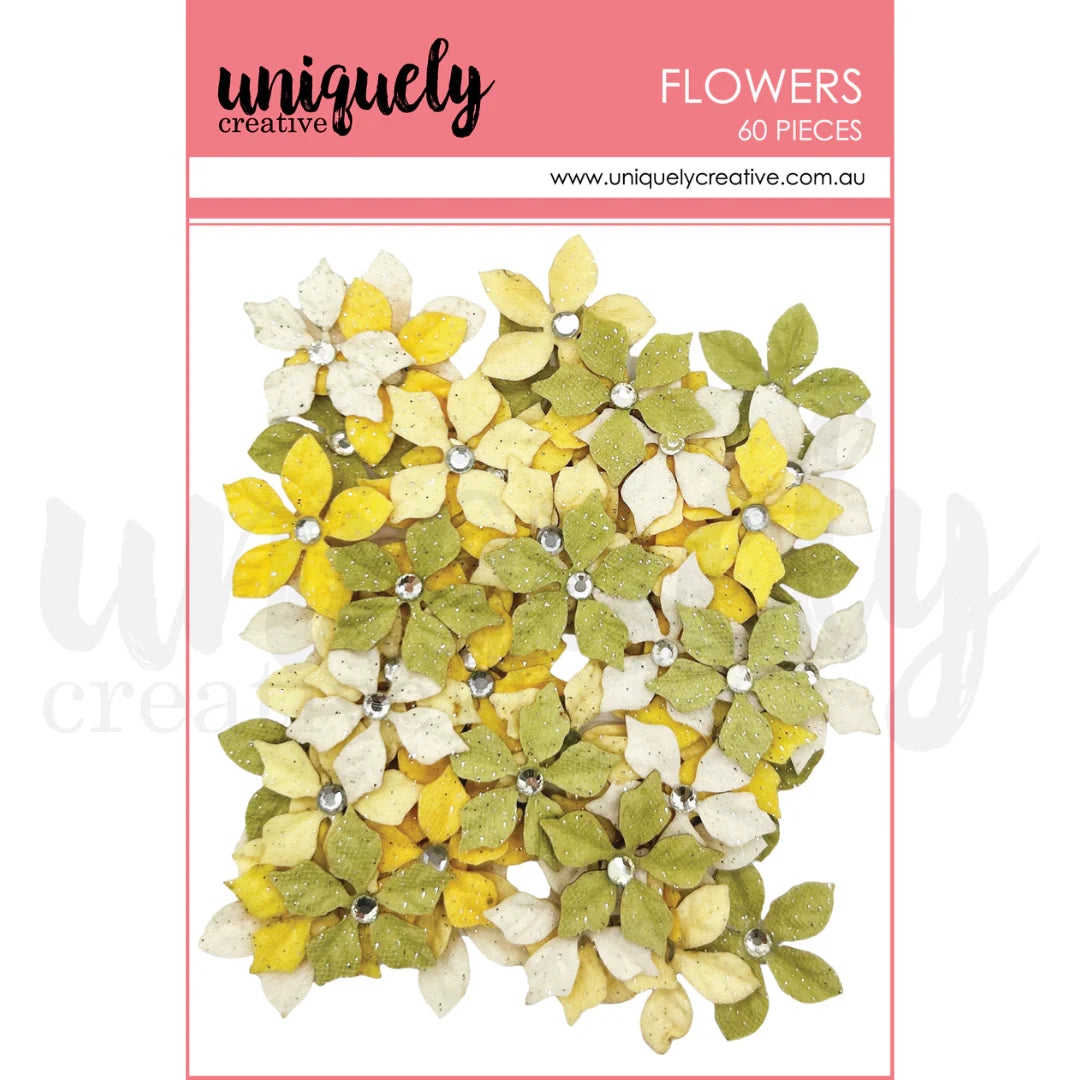 Pack of 60 felt flowers in yellow, green, and white on a pink background with 'uniquely creative' branding.