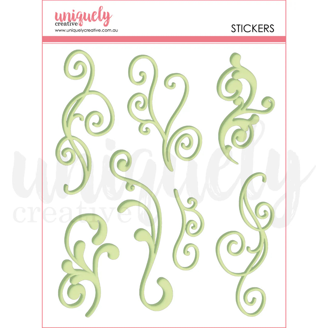 Decorative green stickers with swirl designs on a white background, branded 'uniquely creative'.