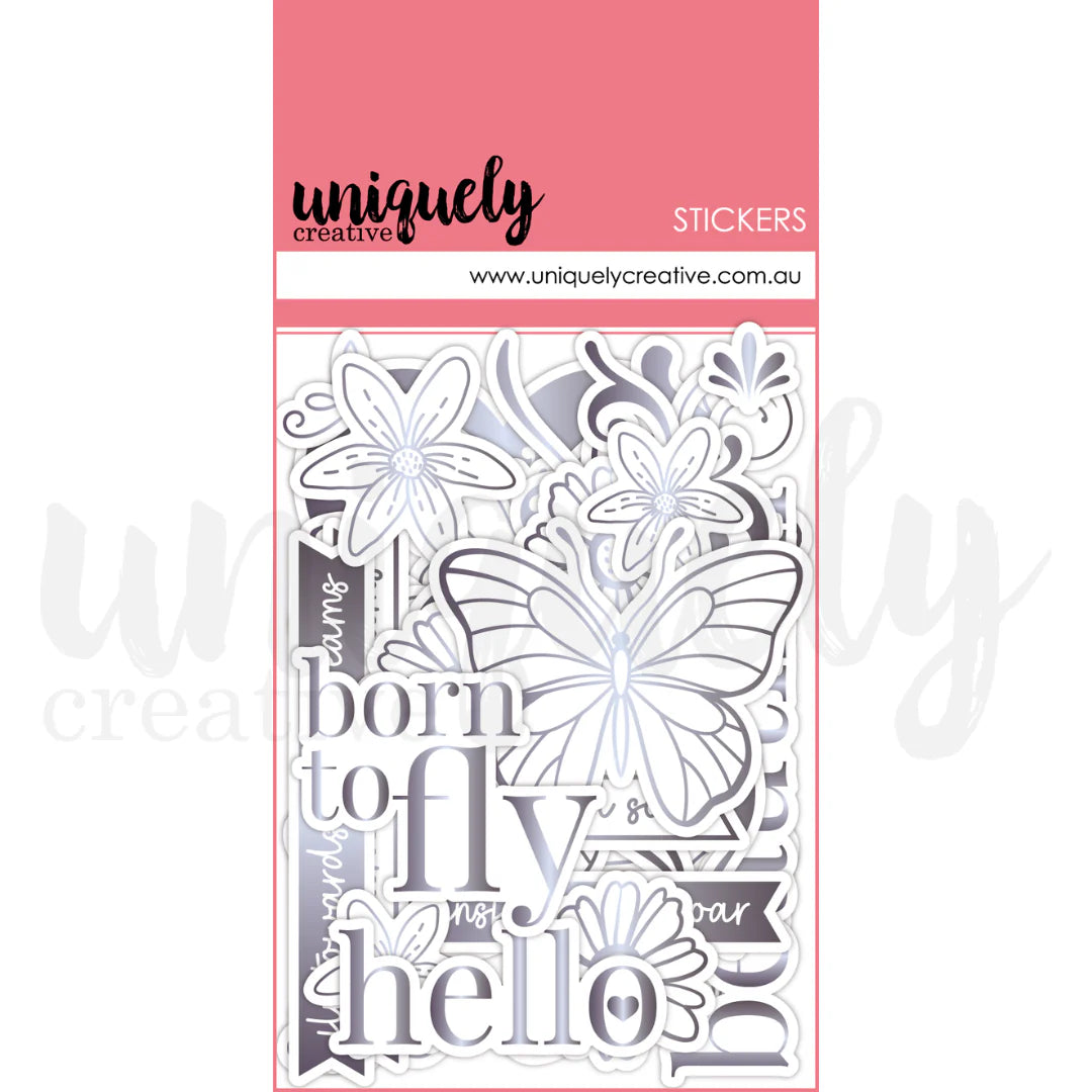 Packaging of 'uniquely creative' stickers with floral and butterfly designs.