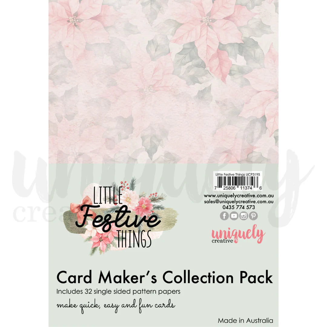Front cover of the 'Card Maker's Collection Pack' by uniquely creative, featuring a watercolor poinsettia pattern on a pale sage green background with floral graphics and product details.