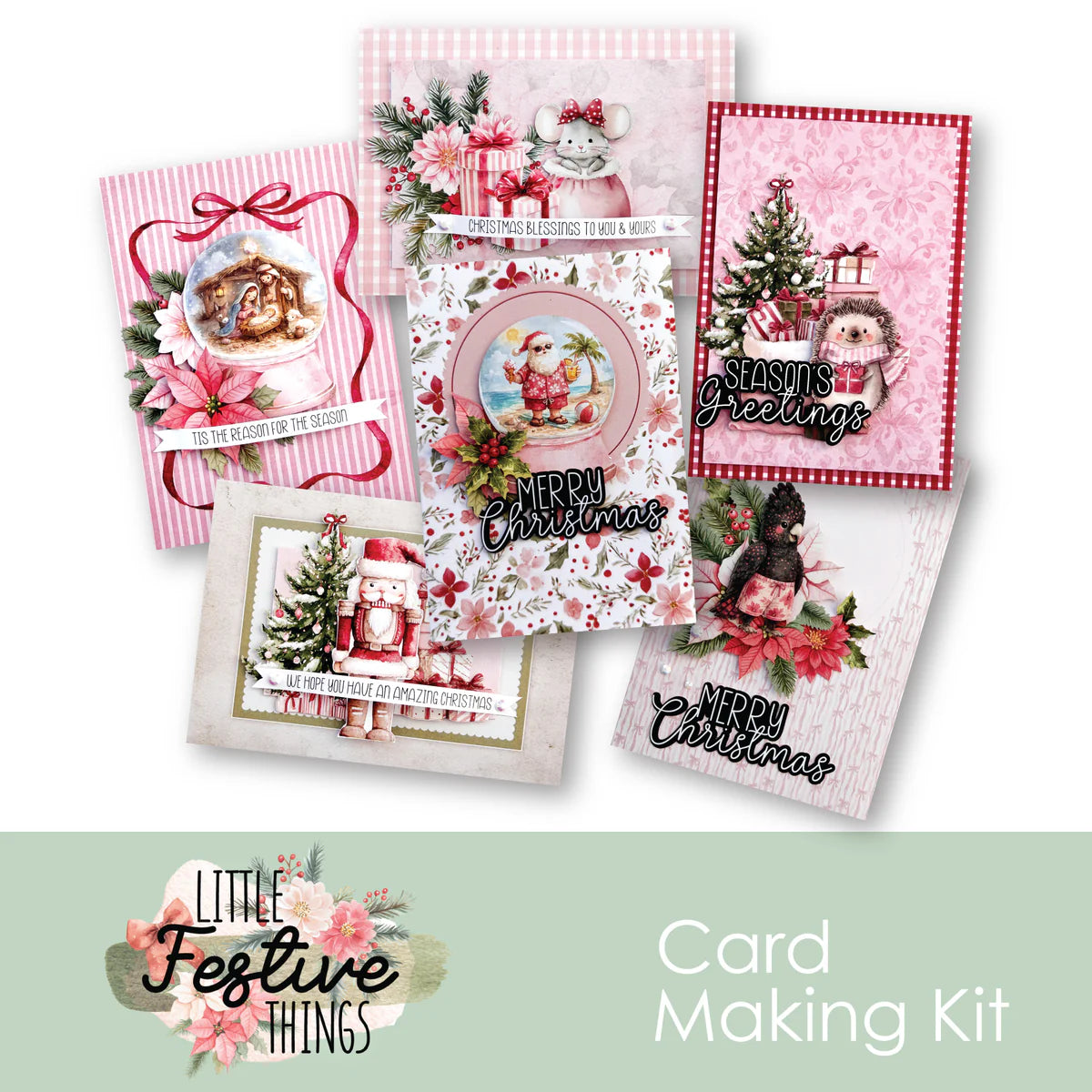 A collage of five Christmas-themed greeting cards displayed on a white background, with a pale green banner at the bottom reading 'Little Festive Things Card Making Kit'. The cards feature pink holiday designs, Santa Claus, a cat, a dog, a gingerbread house, and seasonal text including 'Merry Christmas' and 'Seasons Greetings'.