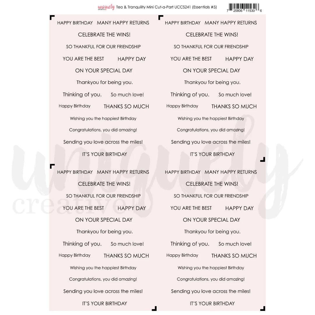 Sheet of pre-cut phrases for cards on a pink background