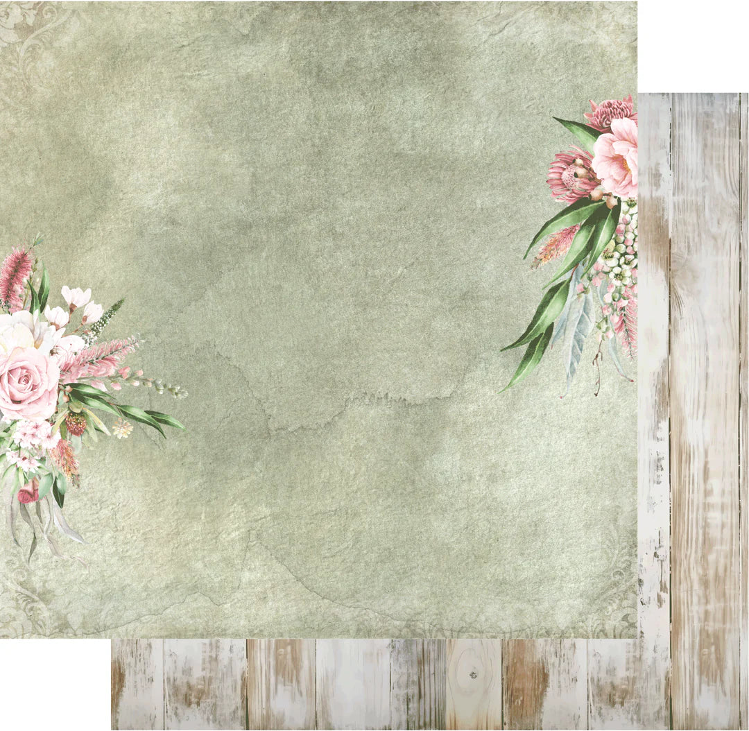 Floral design on a textured green background with wooden on reverse side
