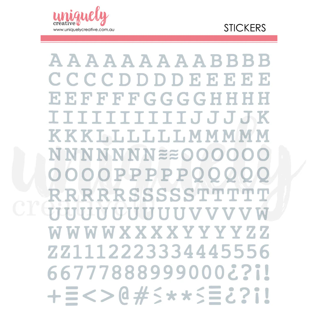 Alphabet and number stickers on a white background with 'uniquely creative' branding.