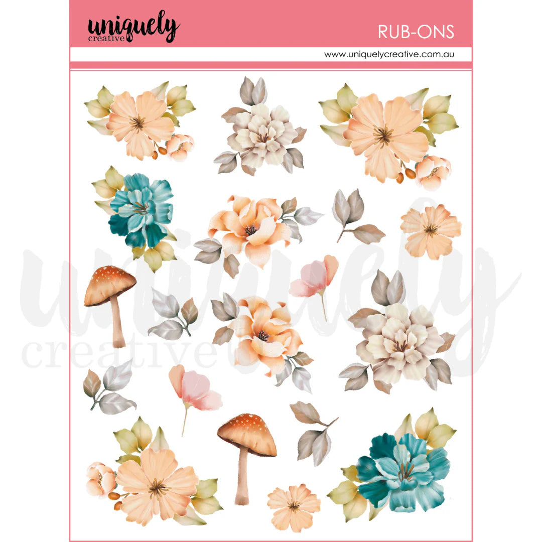 Floral and mushroom rub-ons on a white background with 'uniquely creative' branding.