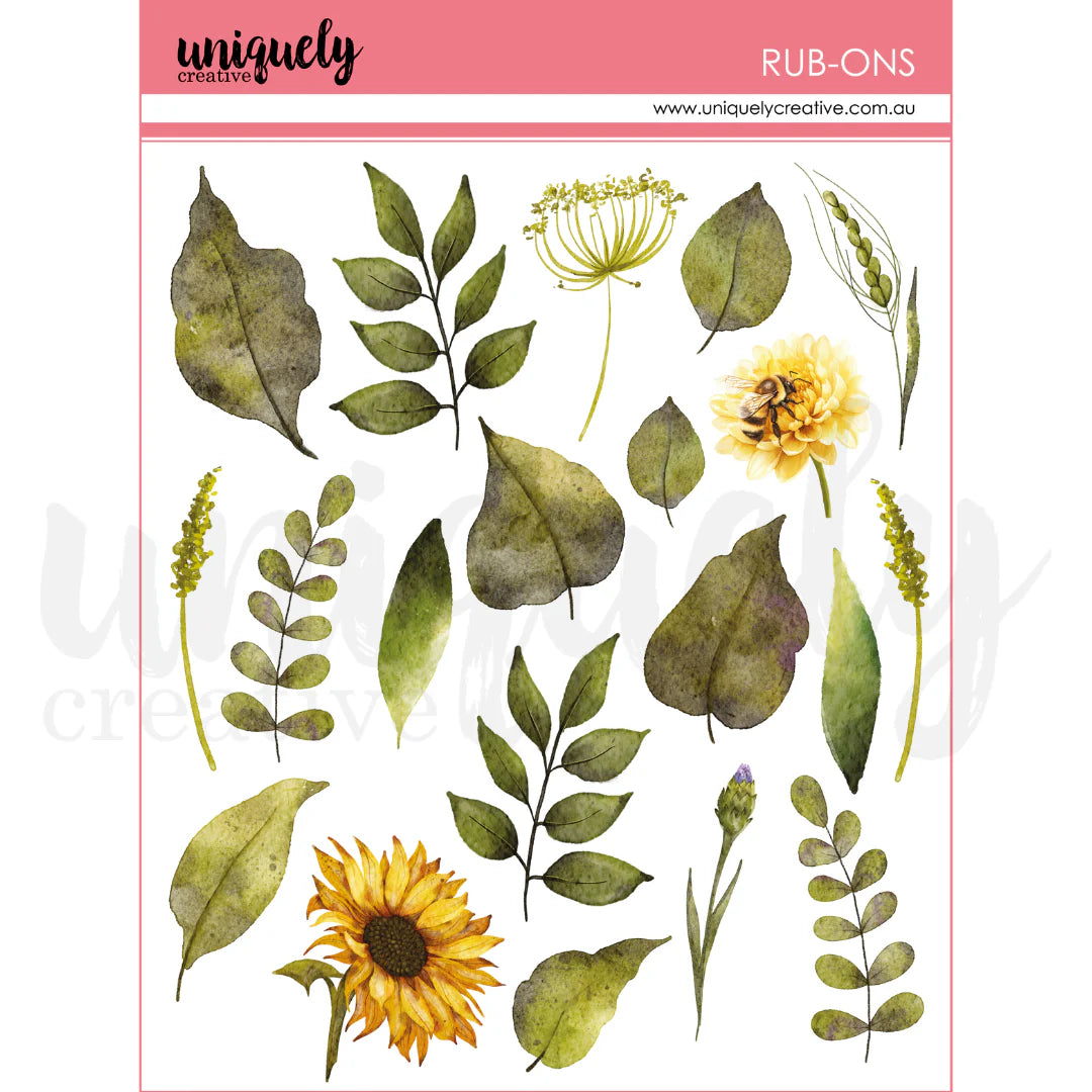 Rub-on transfers with green leaves and yellow flowers on a white background, branded 'uniquely creative'.