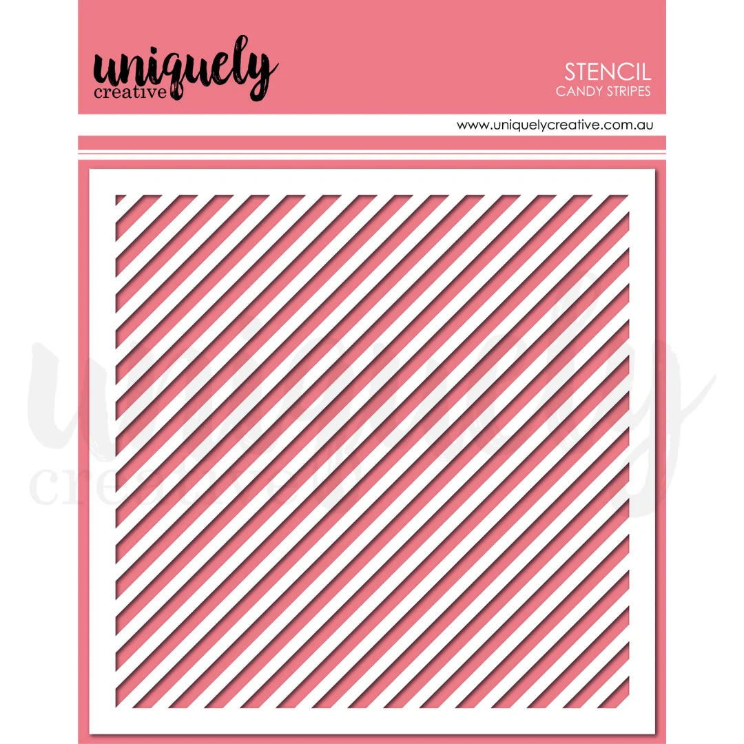 A square stencil sheet with diagonal candy stripes in pink and white, presented in its retail packaging with a pink header that reads 'uniquely creative' and 'STENCIL CANDY STRIPES'.