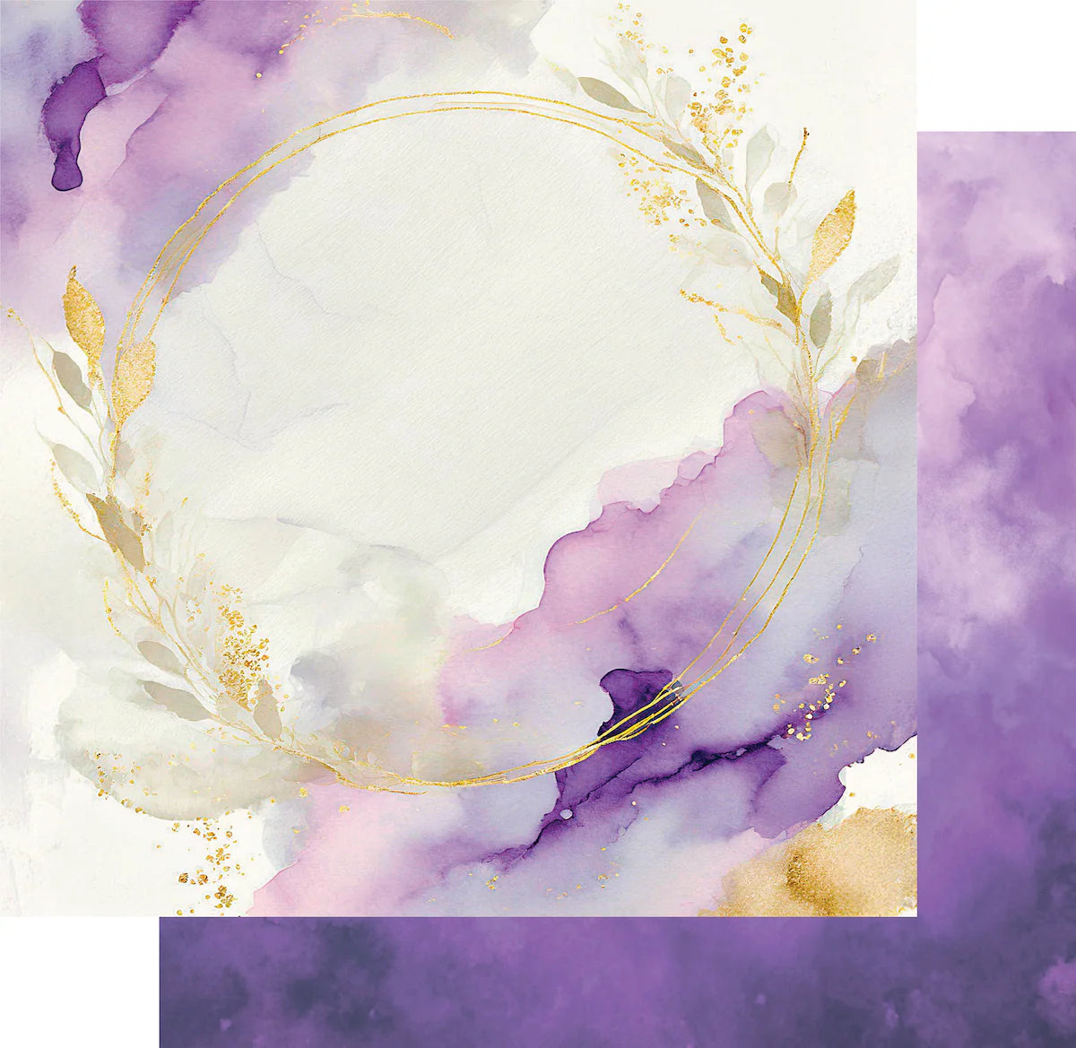 Decorative design with purple and gold elements on a white background