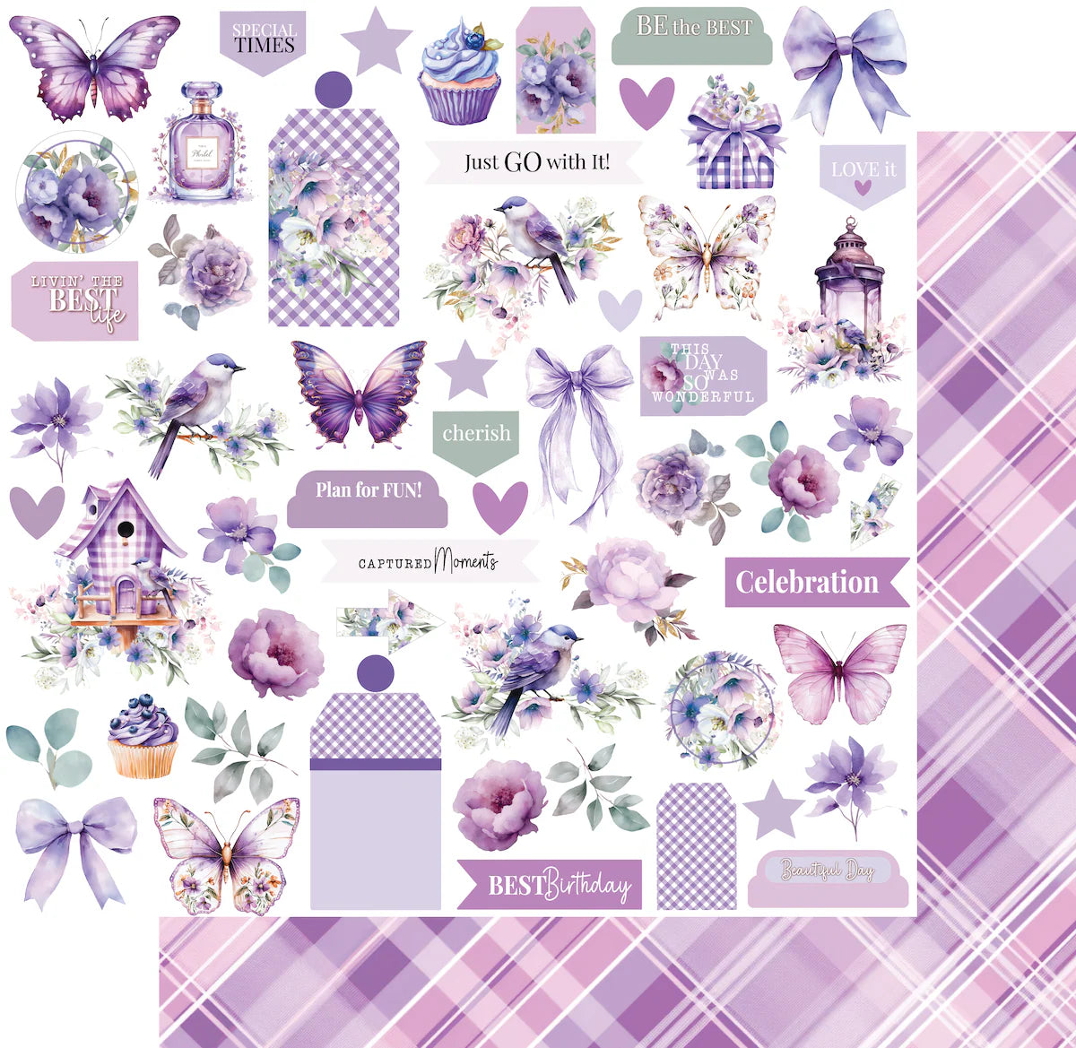 Collection of purple-themed cut-a-part with butterflies, flowers, and decorative elements on a checkered background.