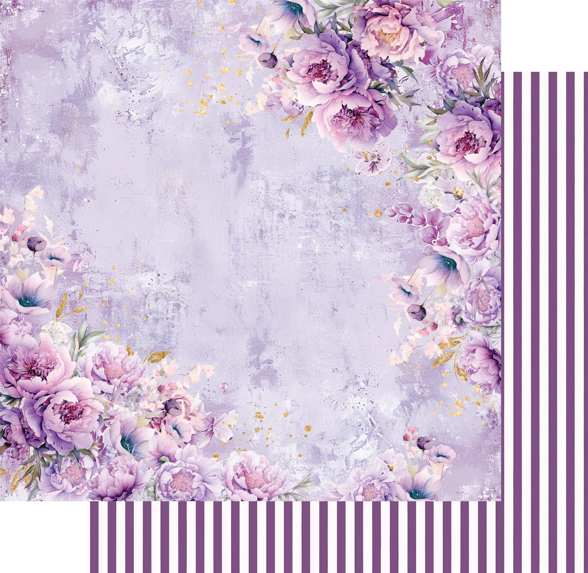 Floral design with purple and pink flowers on a textured purple background with striped border