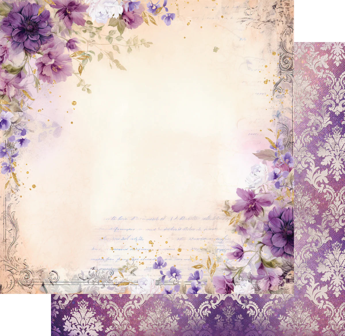 Decorative paper with floral design and purple flowers on a light background