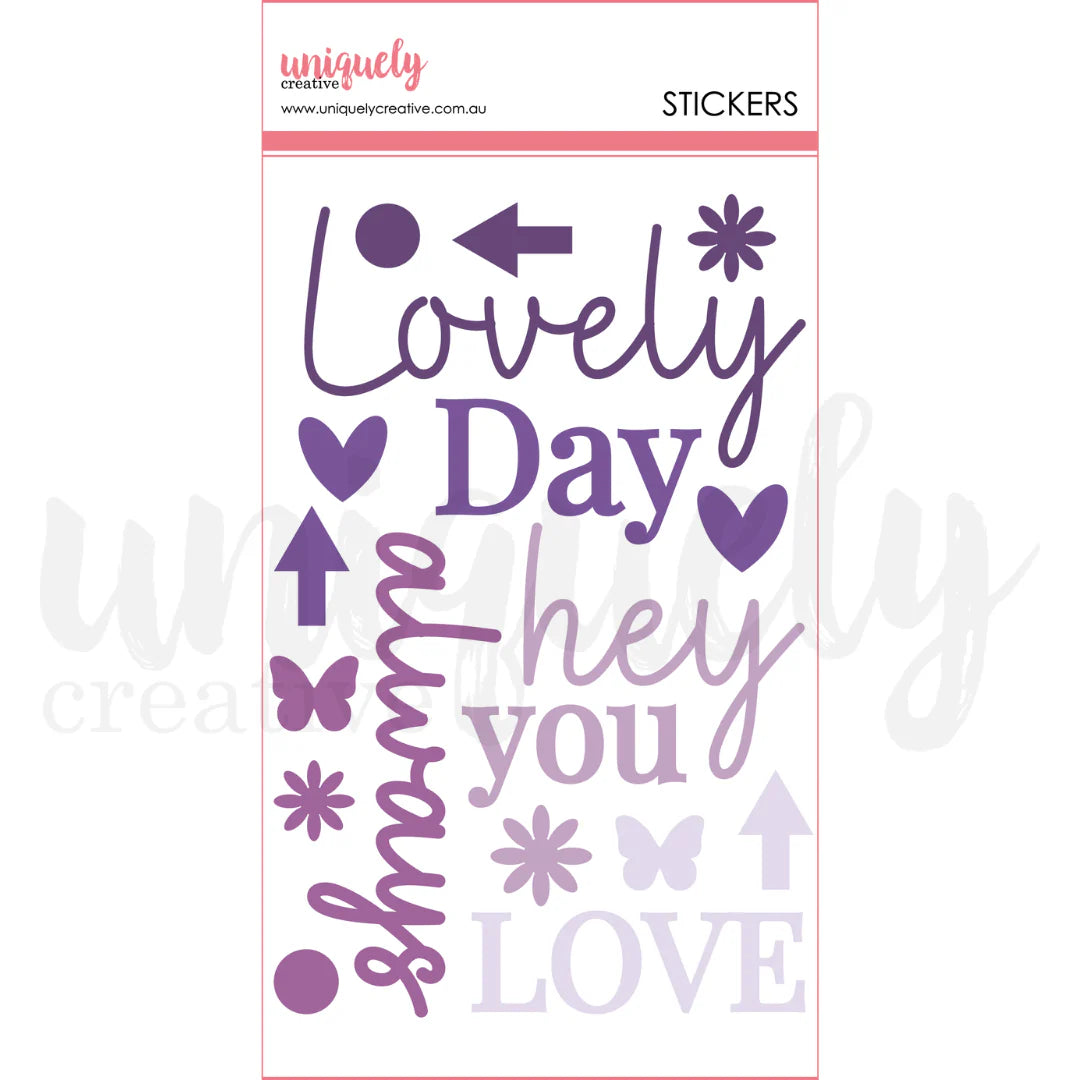 Packaging of stickers with various phrases and designs on a white background