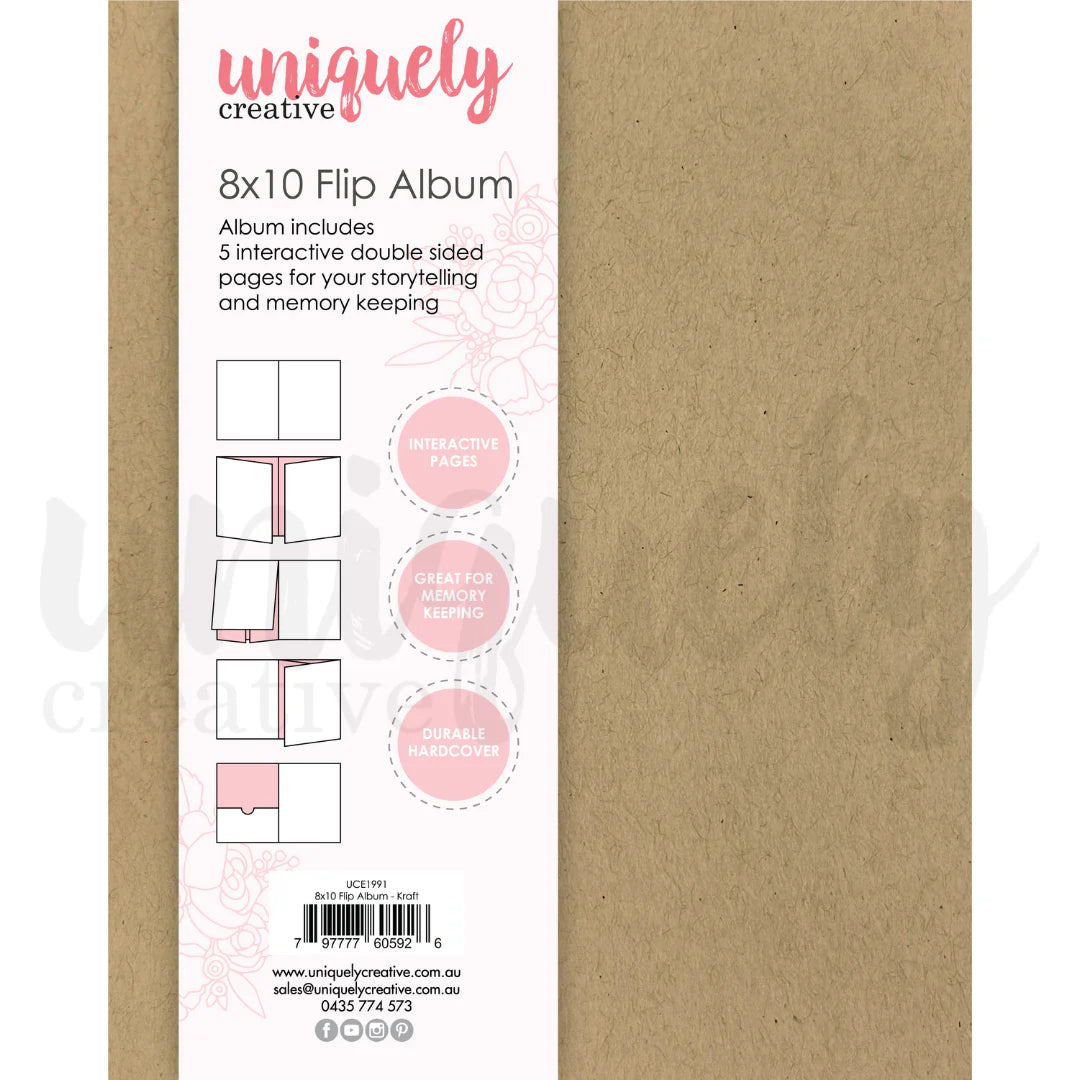 8x10 flip album packaging with 'uniquely creative' branding on a white background