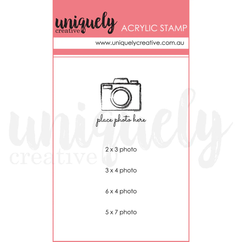 “Uniquely Creative Acrylic Mini Mark Making Stamp – Place Photo Here, clear stamp for scrapbooking and card making.”