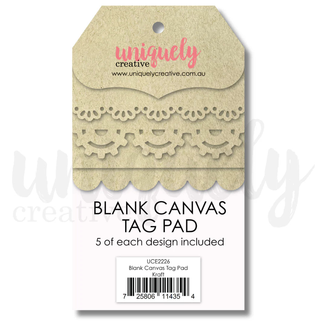 A blank canvas tag pad by Uniquely Creative, featuring five different scalloped lace-like tag designs on kraft paper, packaged on a white backing card with product details and a barcode.