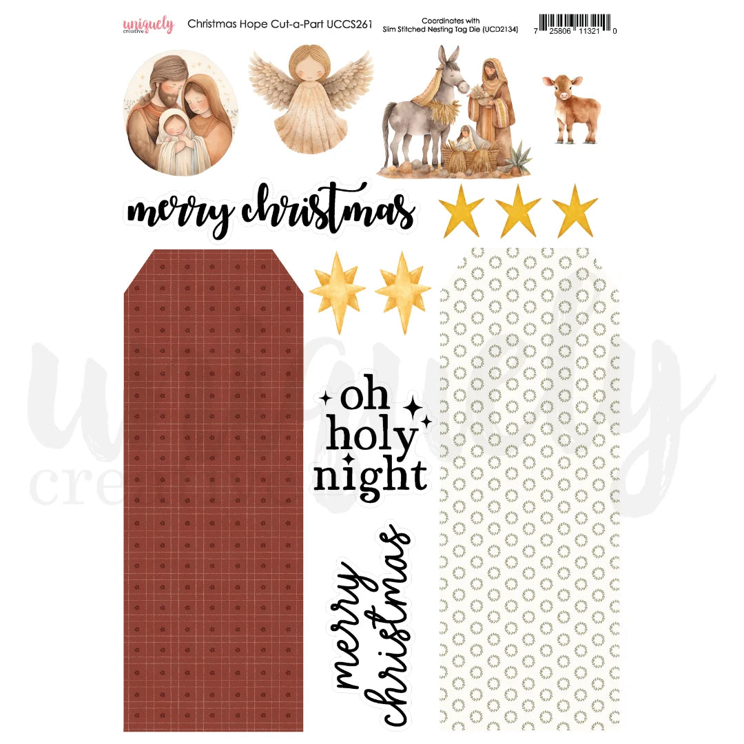 Christmas Hope Cut-a-Part sheet featuring nativity illustrations, gold stars, holiday text stickers reading 'merry christmas' and 'oh holy night', and two patterned rectangular sticker pieces on a white background.