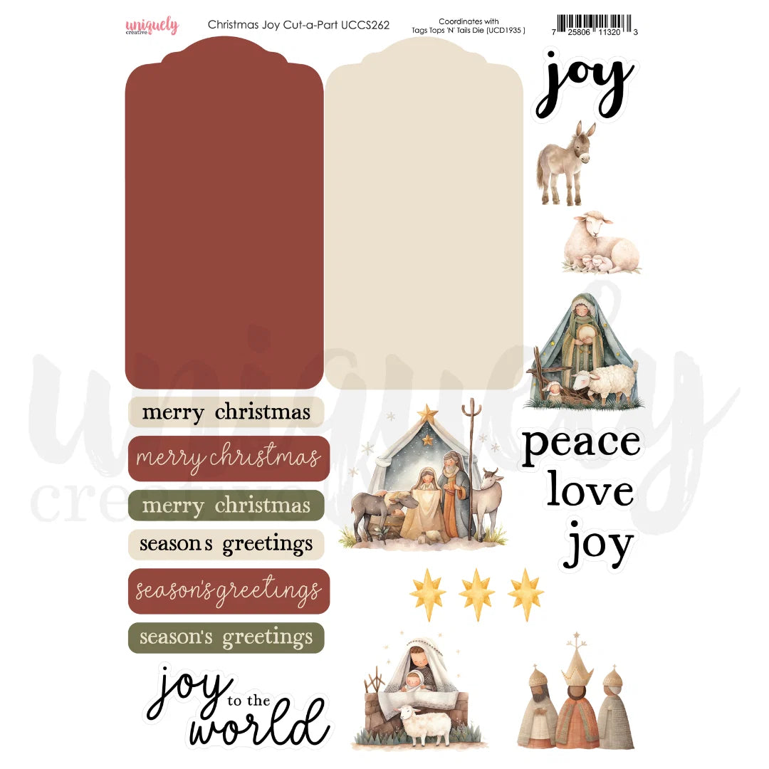 A Christmas-themed decoupage sheet featuring two large color blocks, holiday phrases, watercolor-style nativity illustrations, stars, and decorative text including 'joy', 'peace', 'love', and 'joy to the world'.
