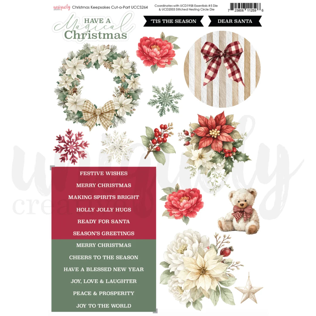 A Christmas-themed scrapbook paper sheet featuring festive illustrations including wreaths, poinsettias, red and white bows, snowflakes, a teddy bear, floral elements, and text such as 'Have a Magical Christmas' and 'Tis the Season.'.
