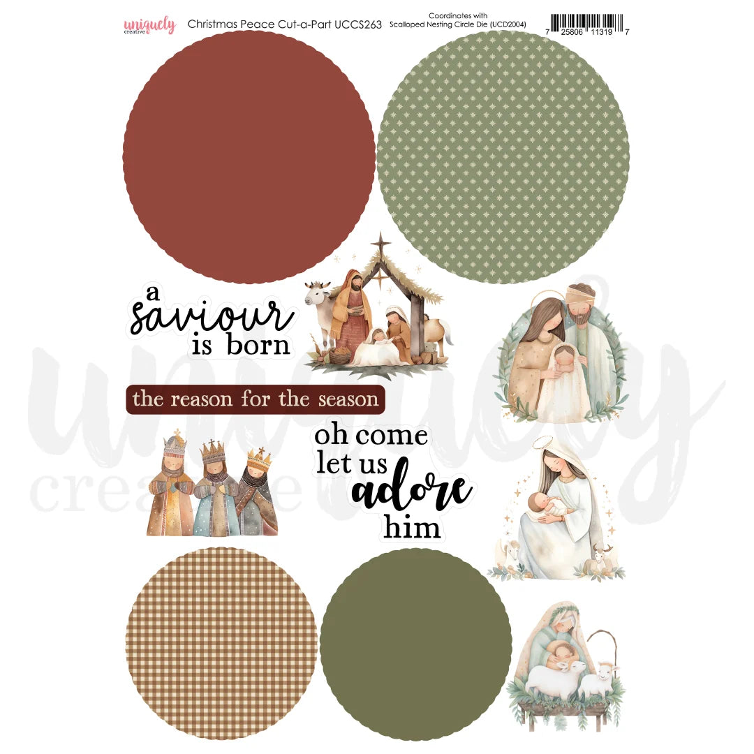 A Christmas-themed craft cut-a-part sheet featuring printed designs including a nativity scene, religious figures, decorative text, and circular patterned swatches on a white background.