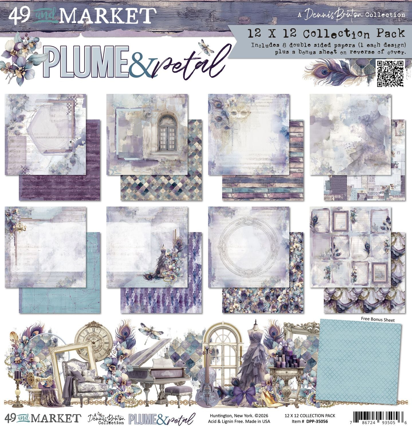 Collection pack with 12x12 paper sheets from Dennis Bovington Collection featuring 'Plume & Petal' theme.