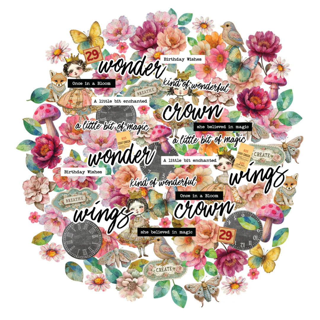 Paper die cuts in floral and whimsical designs. 