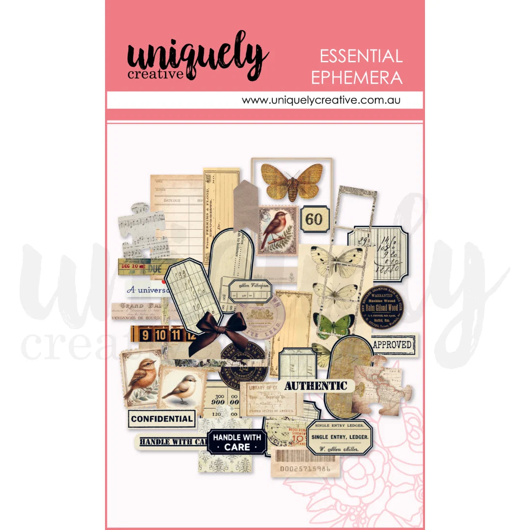 Uniquely Creative Curiosities Ephemera, with tickets, bugs, birds and butterflies.