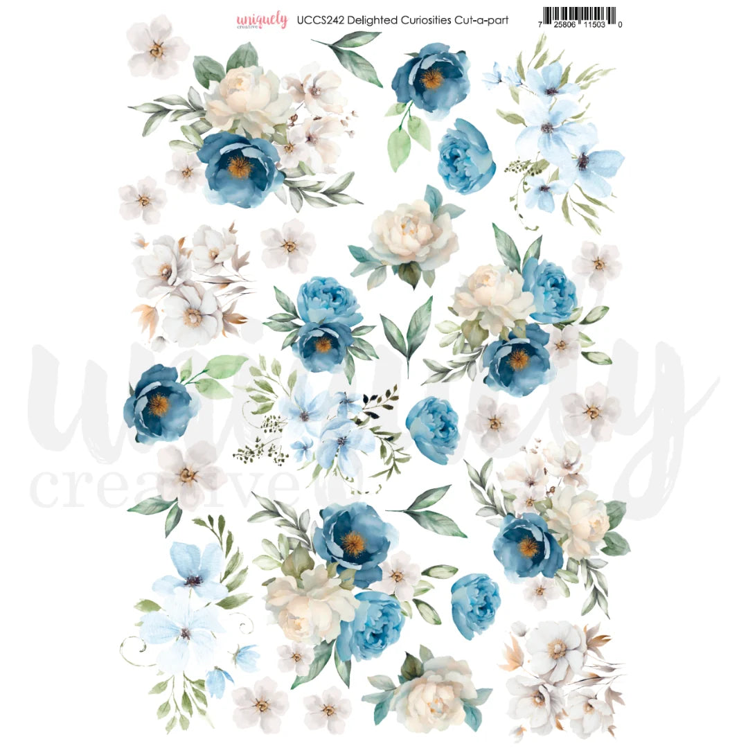 Delighted Curiosities Cut-a-Part Sheet with blue and white flowers