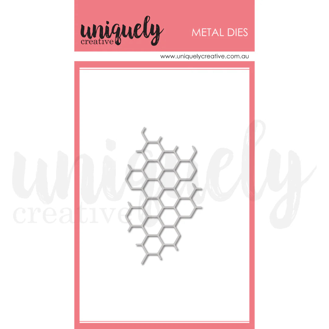 Metal die with honeycomb pattern on a pink and white background, branded 'uniquely creative'.