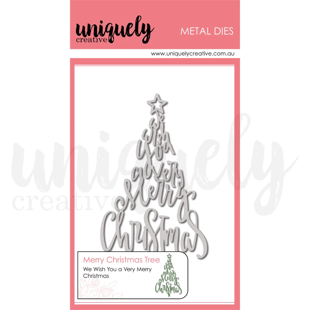 Uniquely Creative metal dies set featuring a 'Merry Christmas Tree' design, shown in its retail packaging with a pink header and white background.