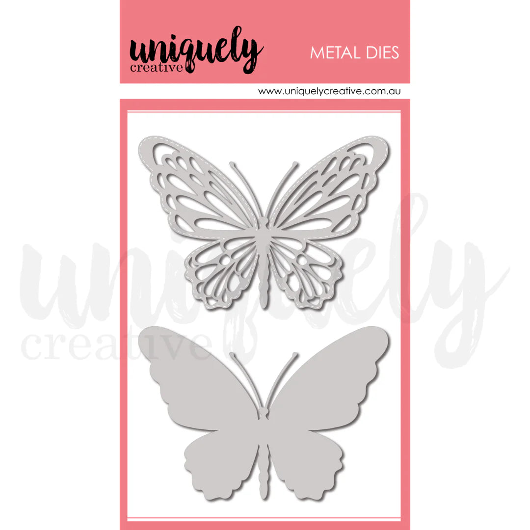 Metal butterfly die cutters on a white background with 'uniquely creative' branding.