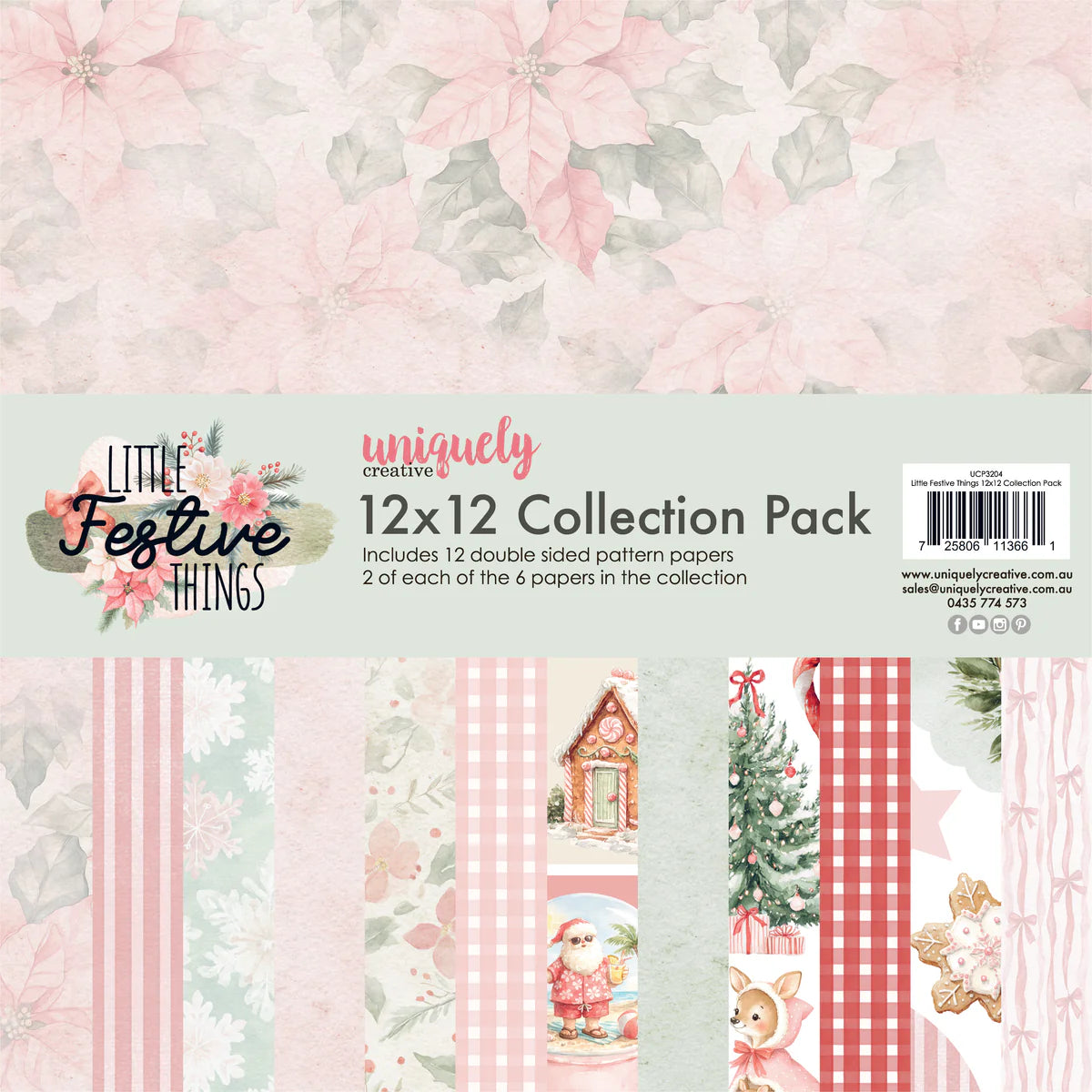 Little Festive Things Uniquely Creative 12x12 Collection Pack paper sheet showing a floral poinsettia pattern on the top and various festive paper designs along the bottom, including stripes, gingham, Christmas tree, gingerbread house, Santa Claus, and cookies.