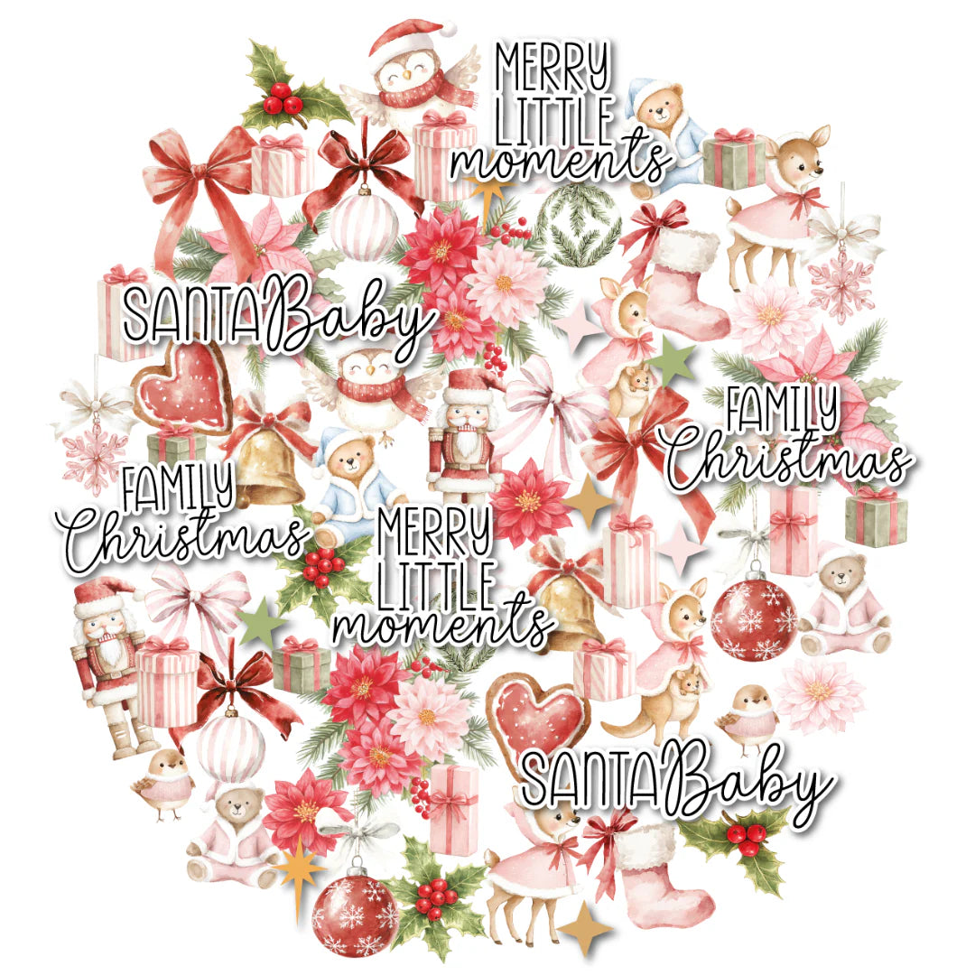 A circular collage of Christmas-themed watercolor illustrations on a white background, including Santa Baby, gifts, bows, stockings, ornaments, flowers, reindeer, teddy bears, and phrases such as 'Merry Little Moments' and 'Family Christmas'.
